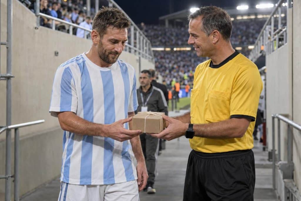 Lionel Messi junto a un árbitro tras el encuentro de Argentina
