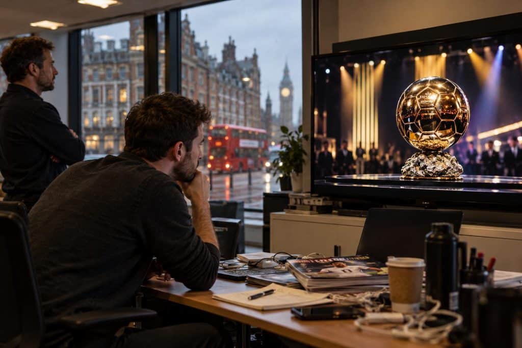 Guti y Harry Kane junto al Balón de Oro sobre un fondo de Londres