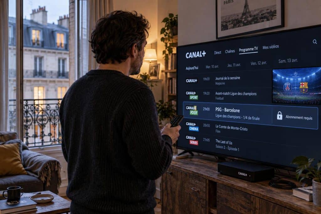 Televisor con el PSG-Barça y CANAL+ FOOT en pantalla