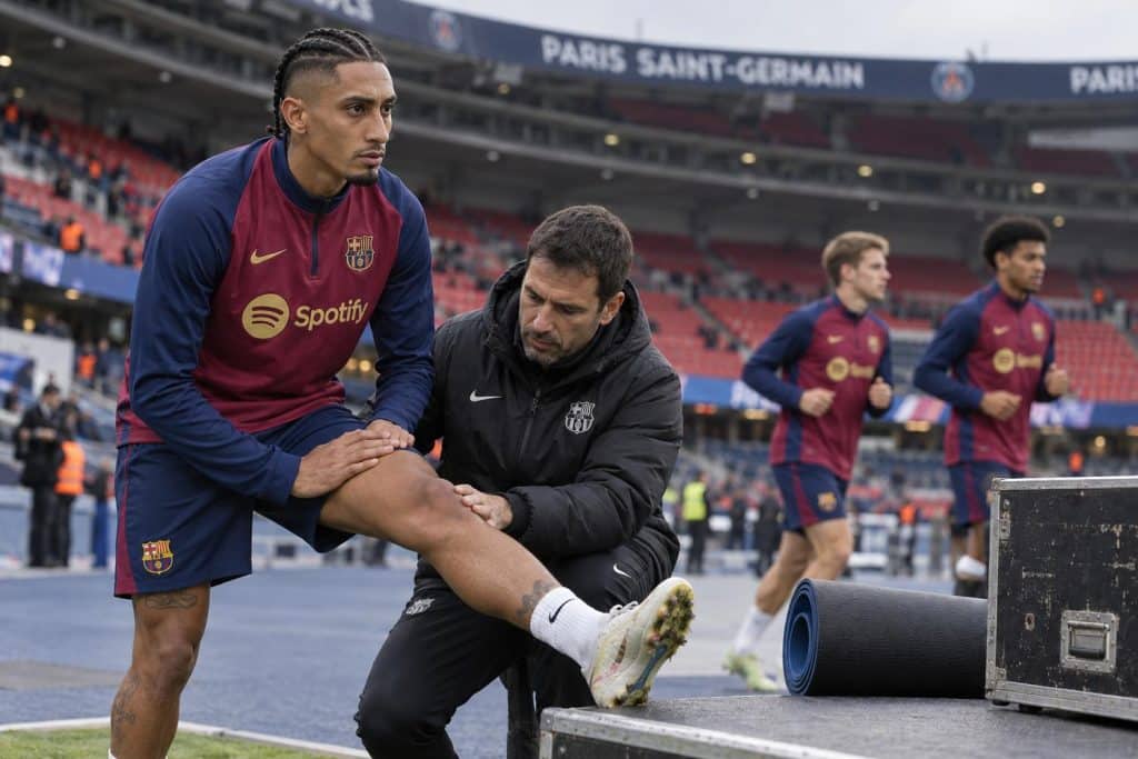 Raphinha con el Barça, en duda para ser titular ante el PSG