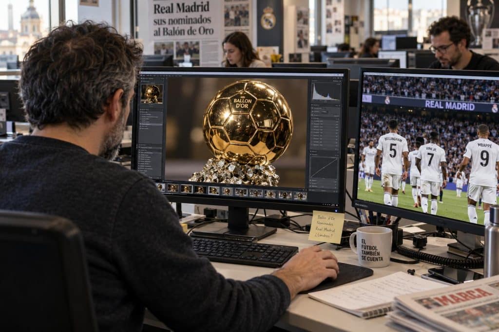 Escudo del Real Madrid junto al Balón de Oro antes de la gala de Londres