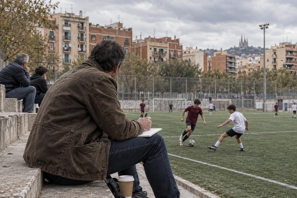 Deco junto a seis jóvenes futbolistas seguidos por el Barça