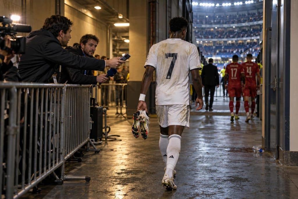 Vinícius con la camiseta del Real Madrid tras el duelo ante el Leipzig